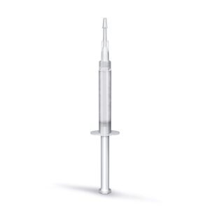 A clear plastic syringe with a needle against a white background.