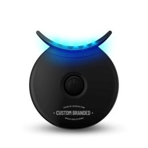 A black circular device emitting blue light from the top.