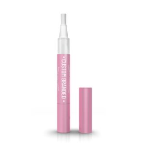 A pink lip gloss pen with its cap removed.