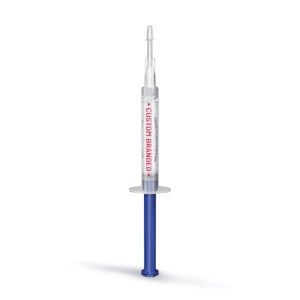 A syringe filled with a clear liquid and a blue plunger.