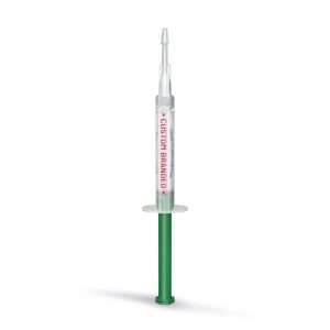 A syringe with green plunger and clear barrel.