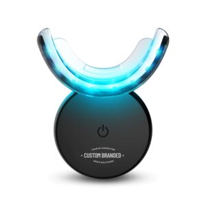 A blue LED teeth whitening device with a black base.