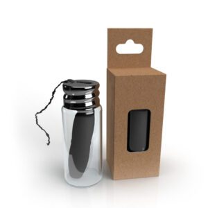 A sleek metal bottle with a black cap and attached string next to a brown cardboard box.
