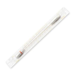 A packaged cotton swab with a white handle and cotton tip.