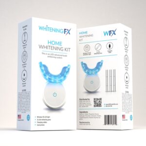 A home teeth whitening kit with LED light, blue tray, and whitening gel.