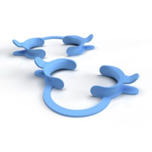 Here's an 8-word alt tag for the image: Three light blue cheek retractors on white background.