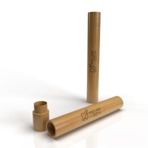 Bamboo toothbrush case with logo.