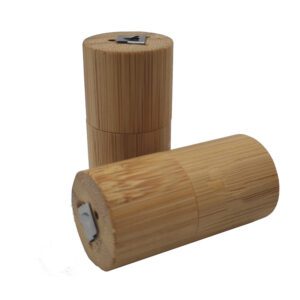 Two bamboo containers with metal closures.