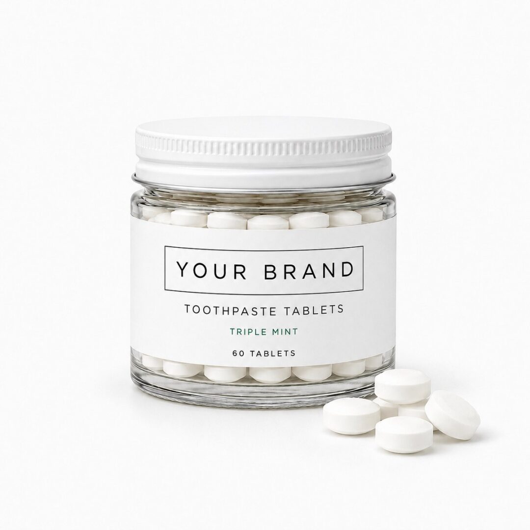 01_primary Glass jar of mint toothpaste tablets