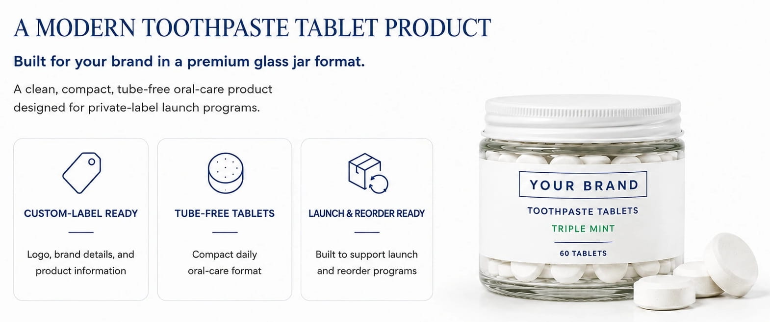 Glass jar of triple mint toothpaste with 60 tablets