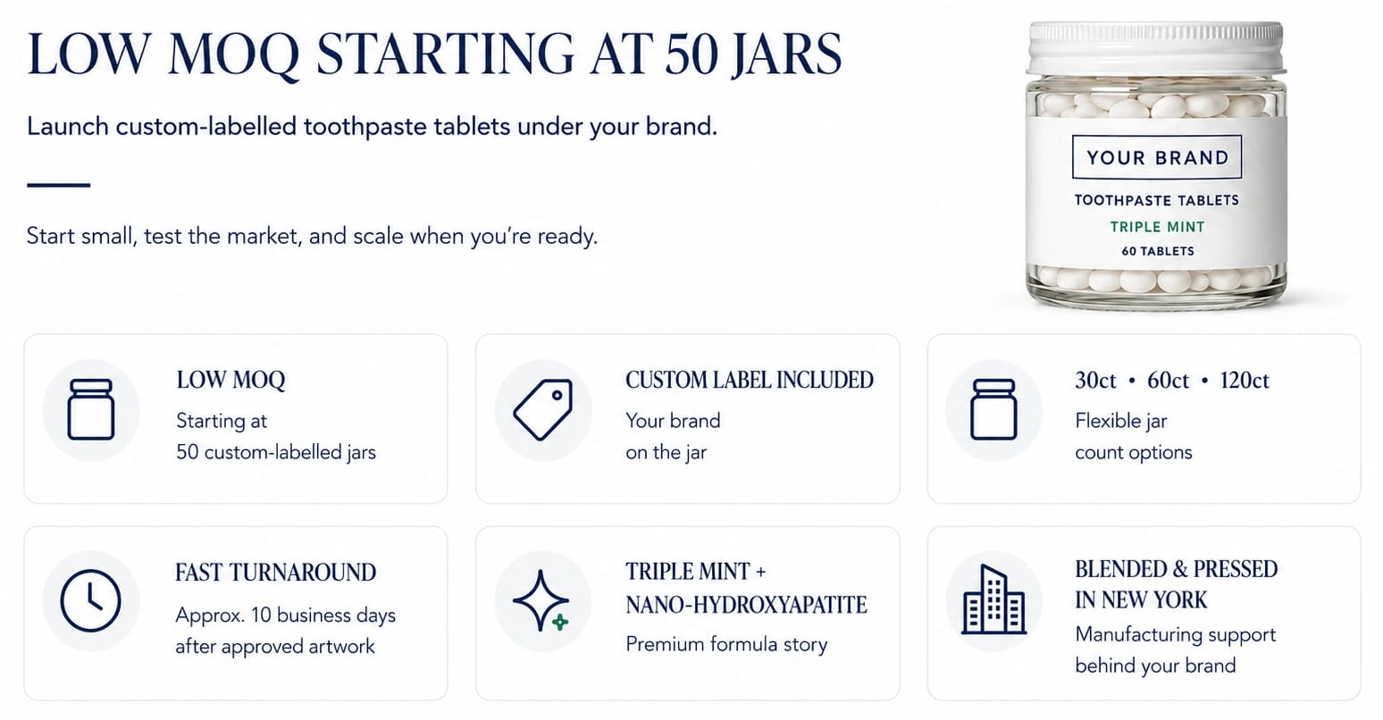 Custom toothpaste tablets low MOQ 50 jars
