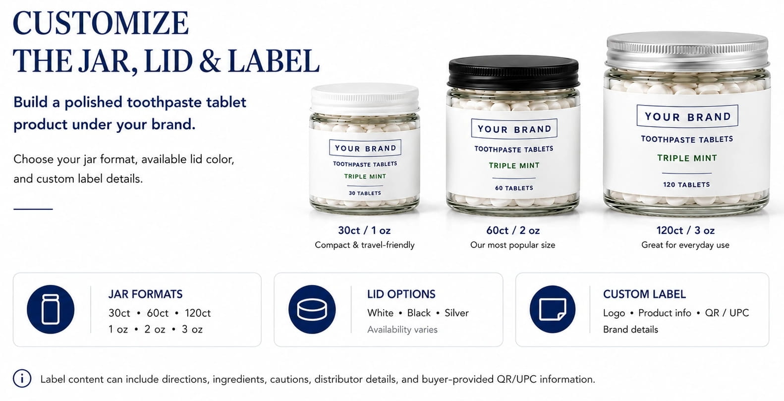 Three jars of customizable toothpaste tablets
