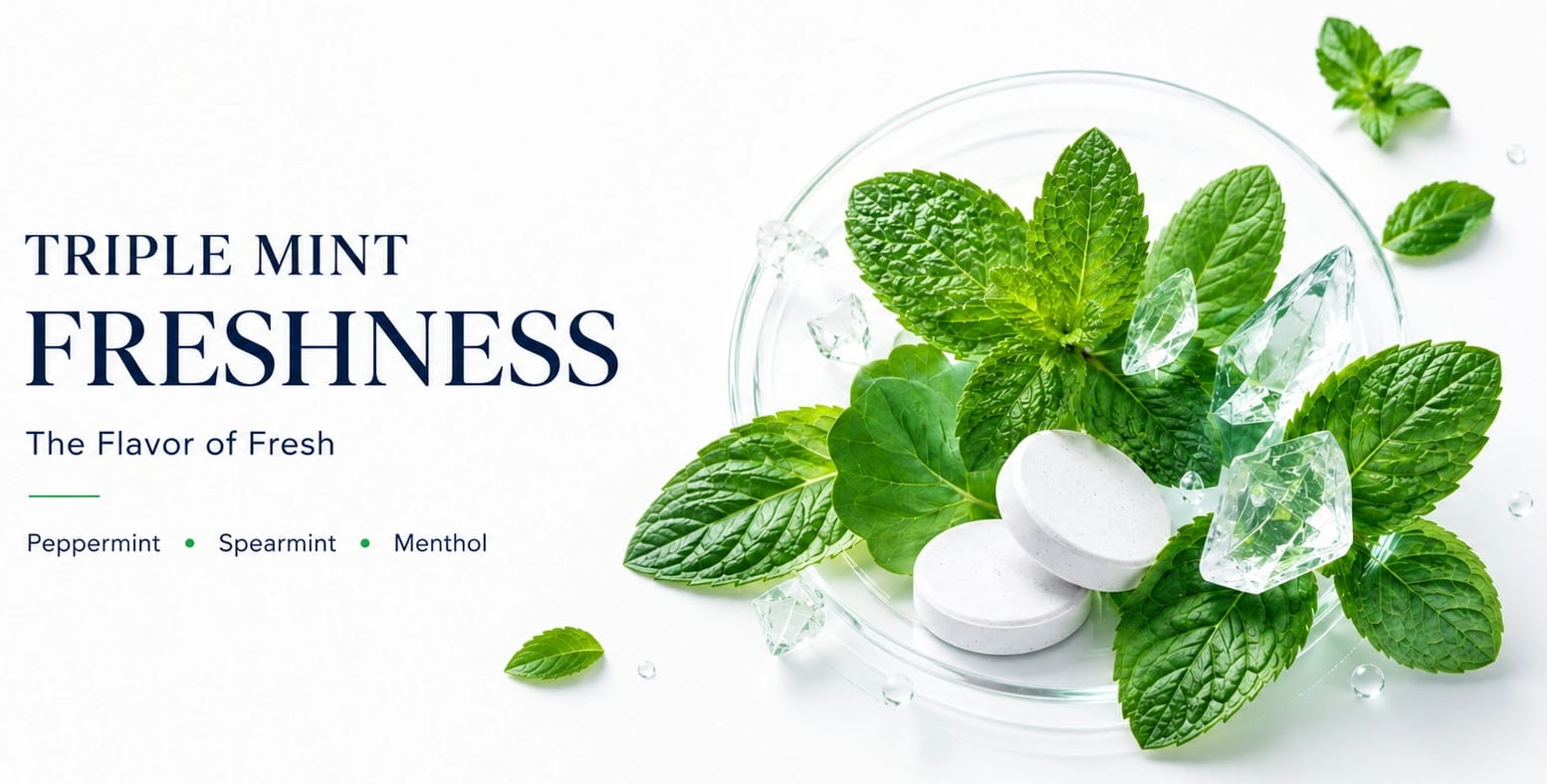 Triple mint freshness banner with ice crystals