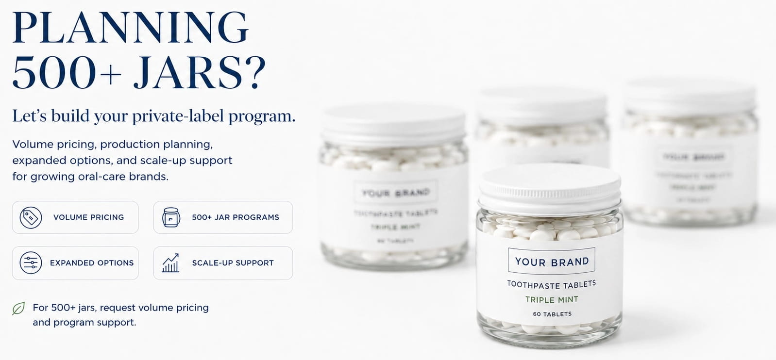 Private-label toothpaste tablet jars with planning text