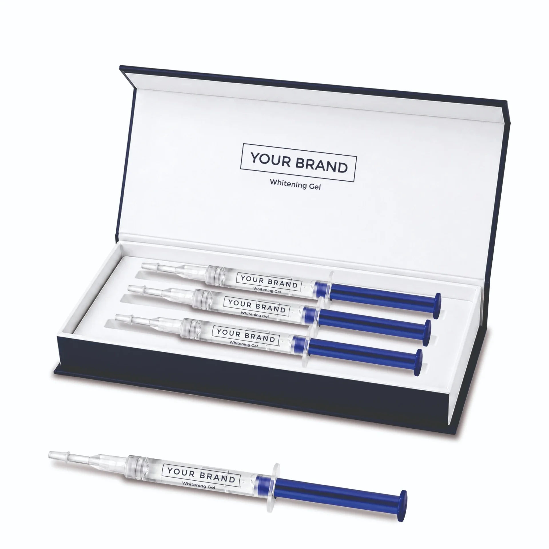 Whitening gel syringes in branded packaging. Whitening gel syringes in branded packaging.